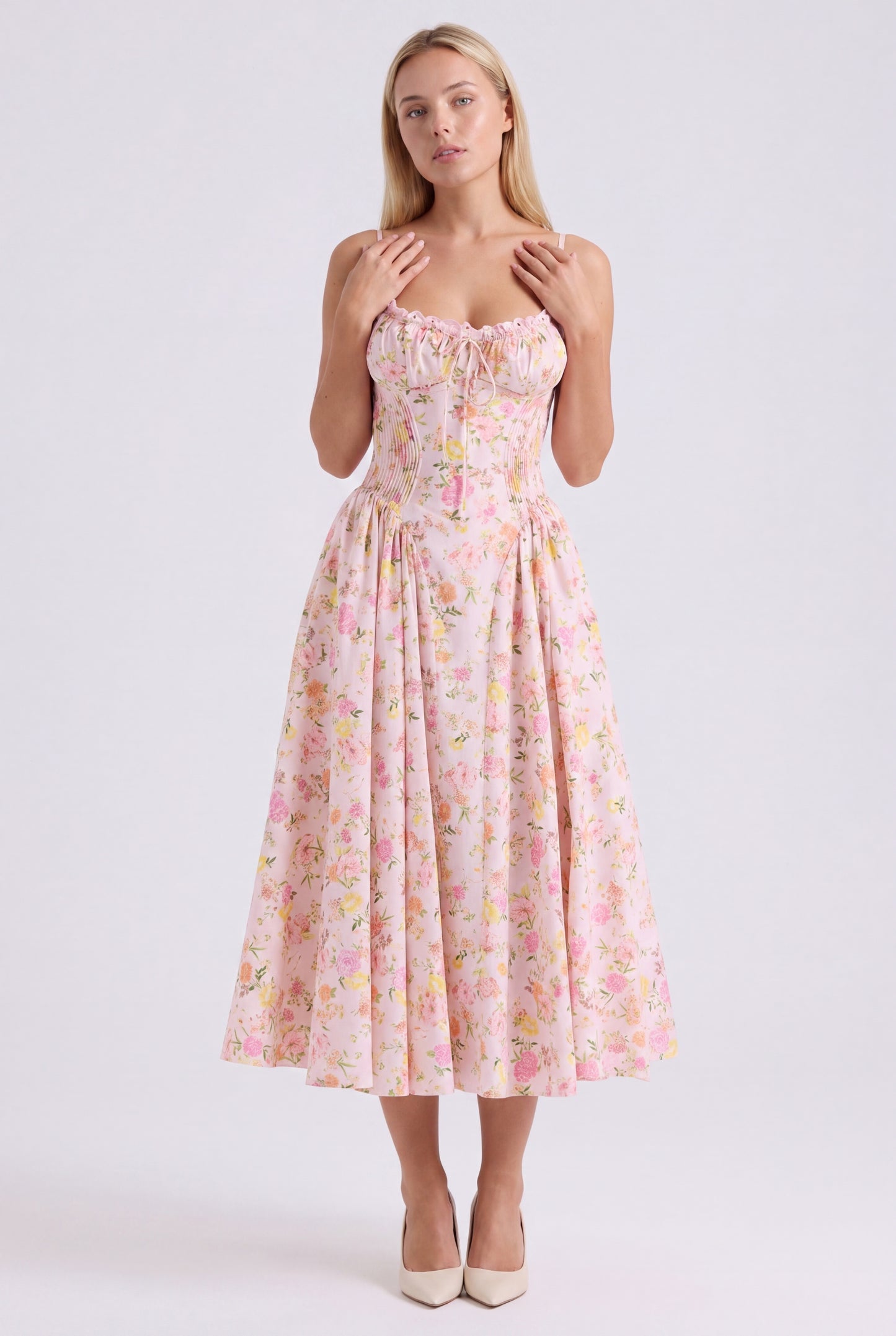 Estephania Dames Halter Midi Jurk | Corset Lijfje | Roze Bloemenprint | Wijde A-lijn Rok