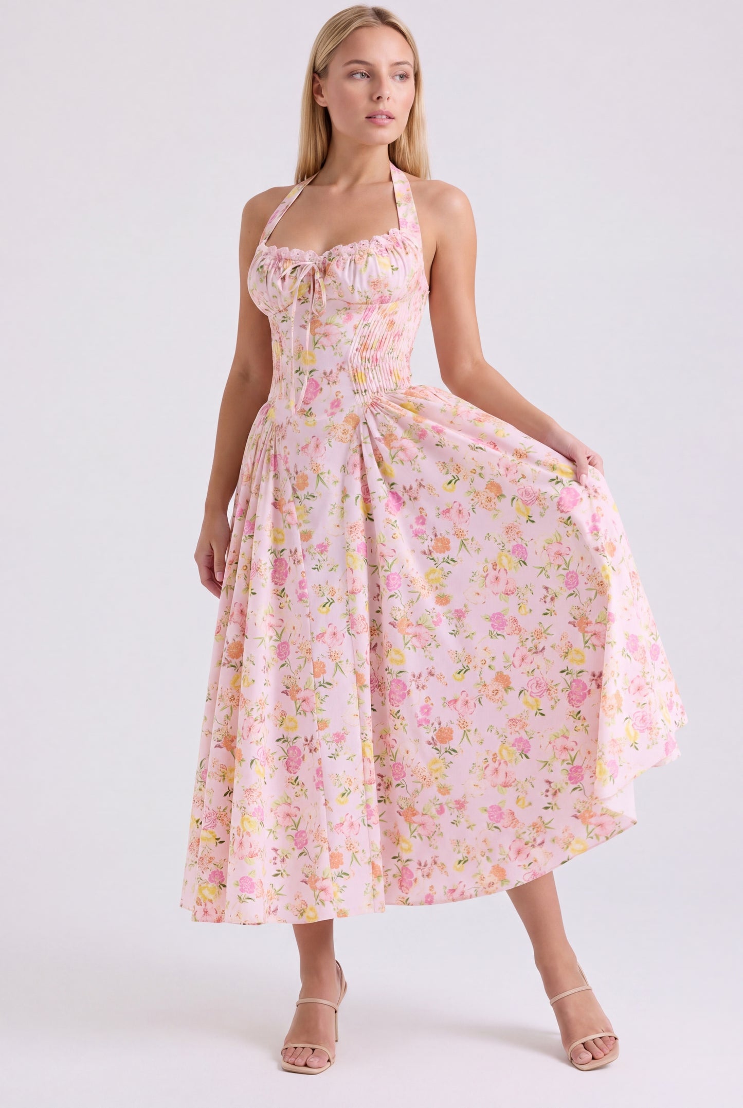 Estephania Dames Halter Midi Jurk | Corset Lijfje | Roze Bloemenprint | Wijde A-lijn Rok