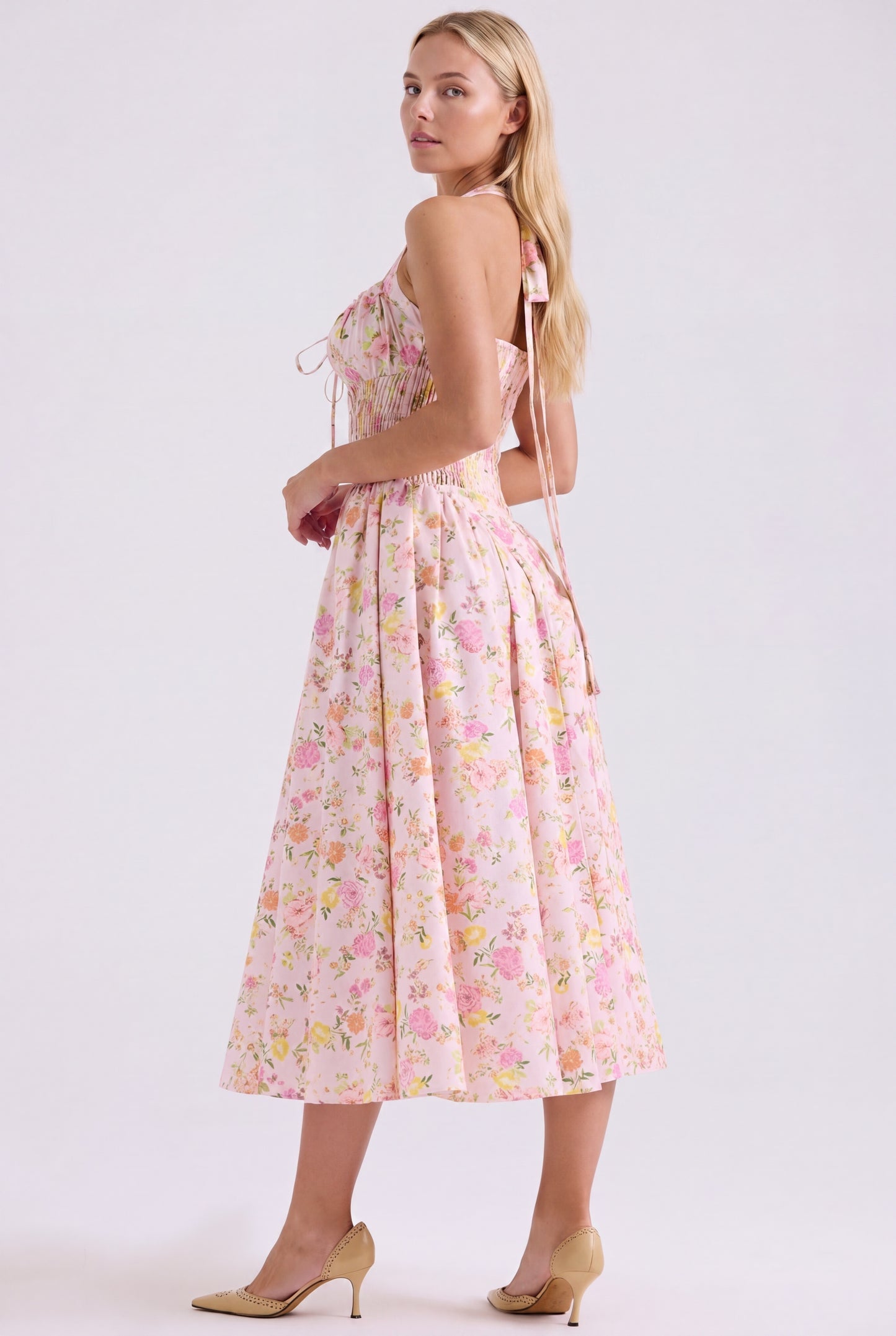 Estephania Dames Halter Midi Jurk | Corset Lijfje | Roze Bloemenprint | Wijde A-lijn Rok