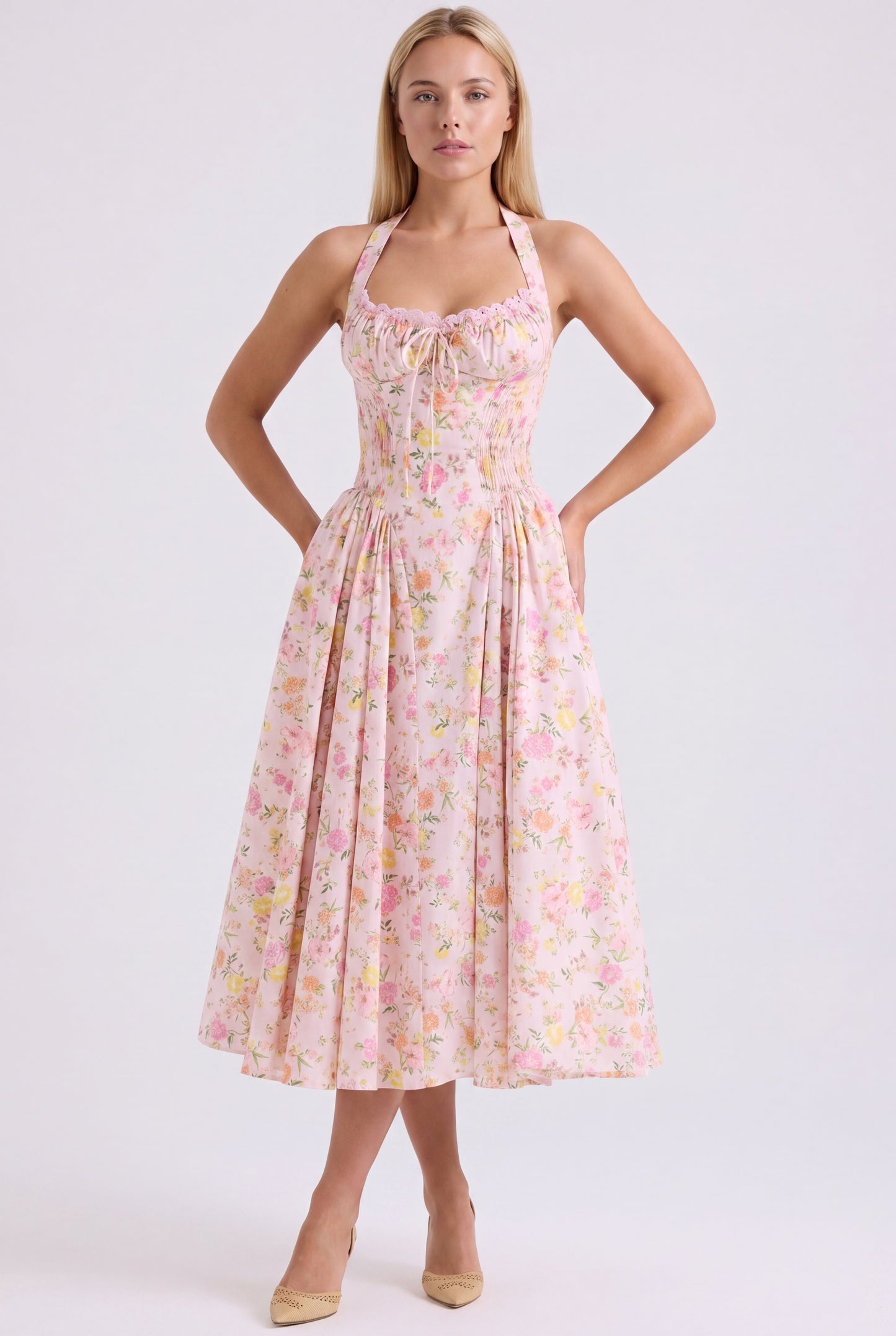 Estephania Dames Halter Midi Jurk | Corset Lijfje | Roze Bloemenprint | Wijde A-lijn Rok