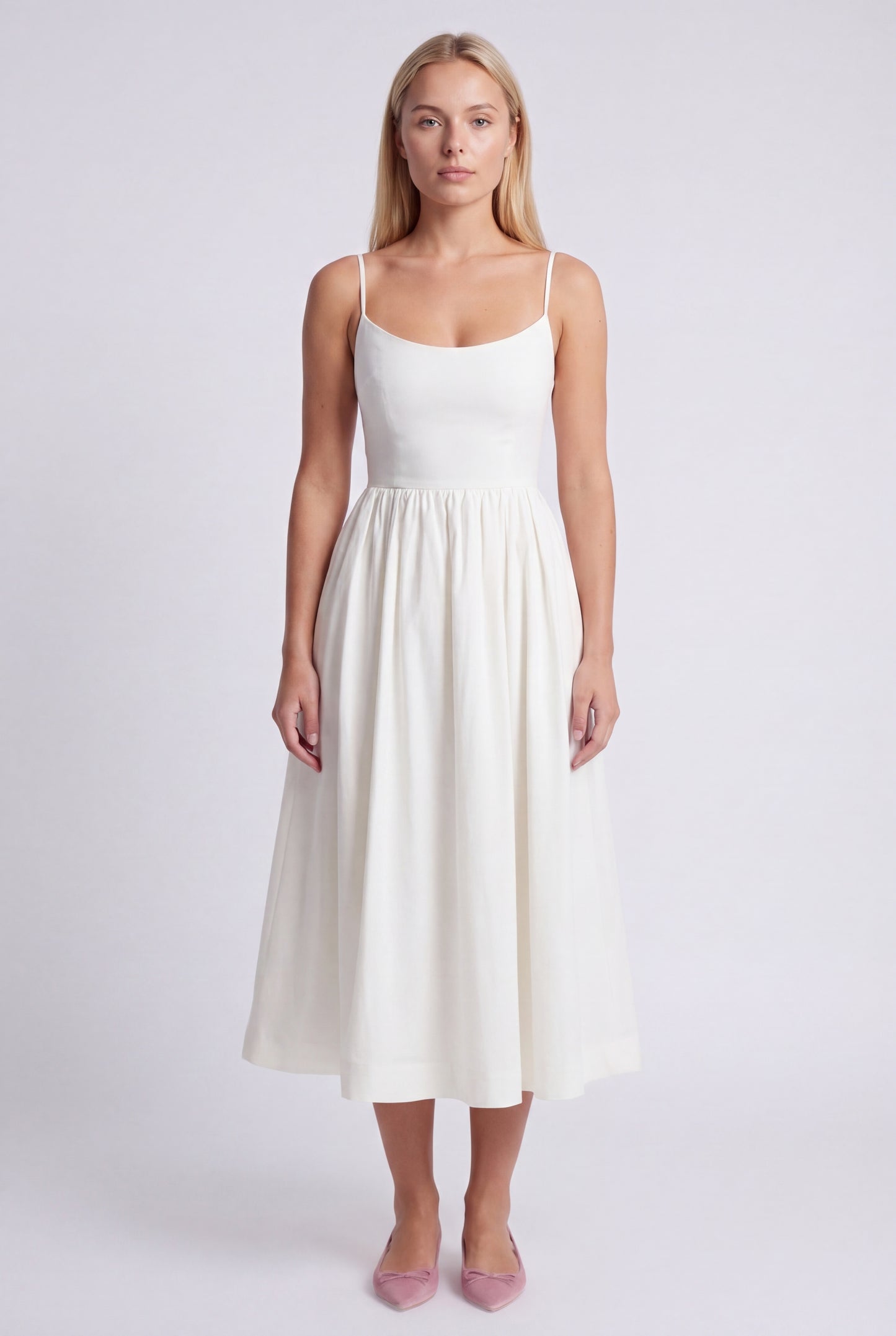 Joruna Women's Midi Dress | Fitted Bodice | Wide A-line Skirt | Spaghetti Straps