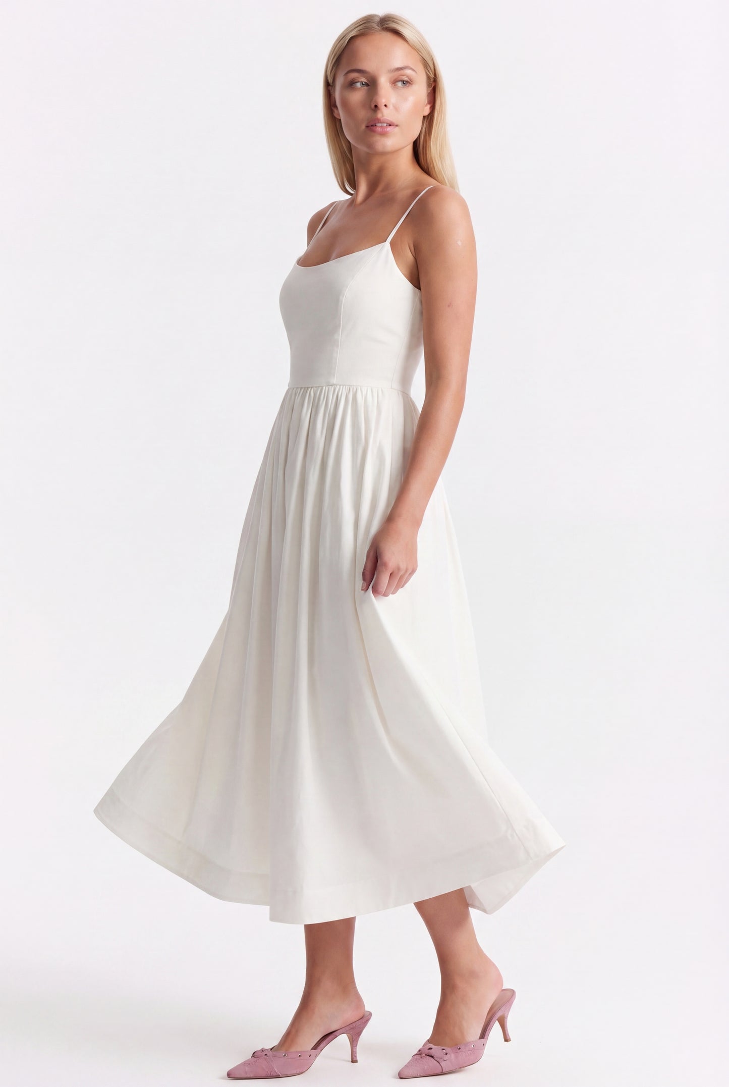 Joruna Women's Midi Dress | Fitted Bodice | Wide A-line Skirt | Spaghetti Straps