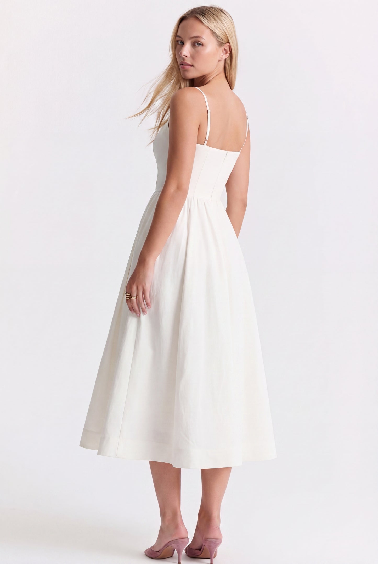 Joruna Women's Midi Dress | Fitted Bodice | Wide A-line Skirt | Spaghetti Straps