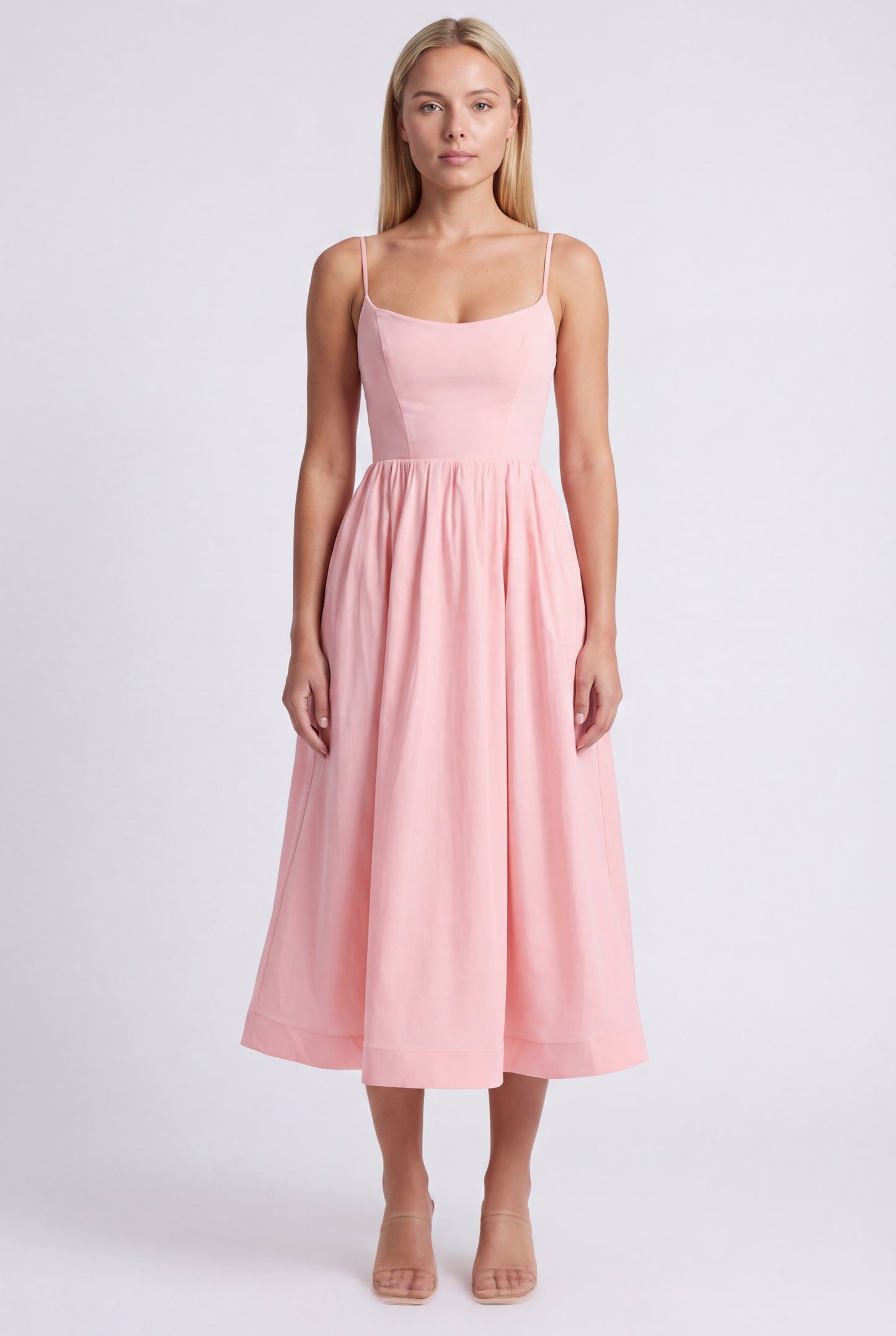 Joruna Women's Midi Dress | Fitted Bodice | Wide A-line Skirt | Spaghetti Straps