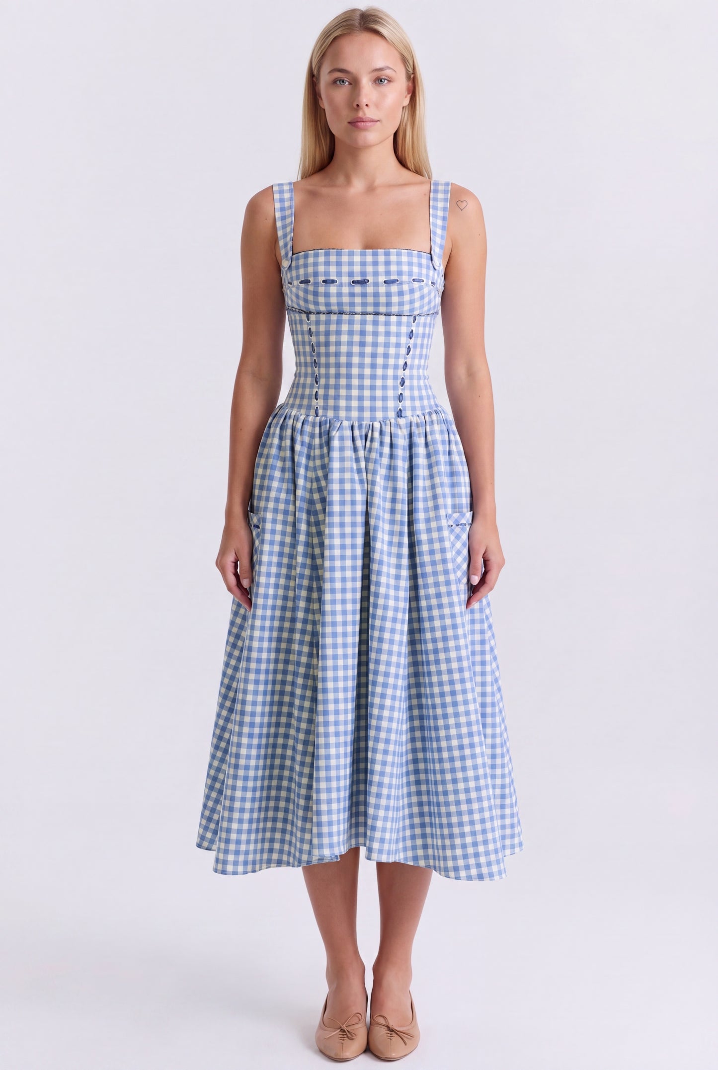 Midi Jurk | Blauw Gingham Print | Vierkante Hals en Empire Taille