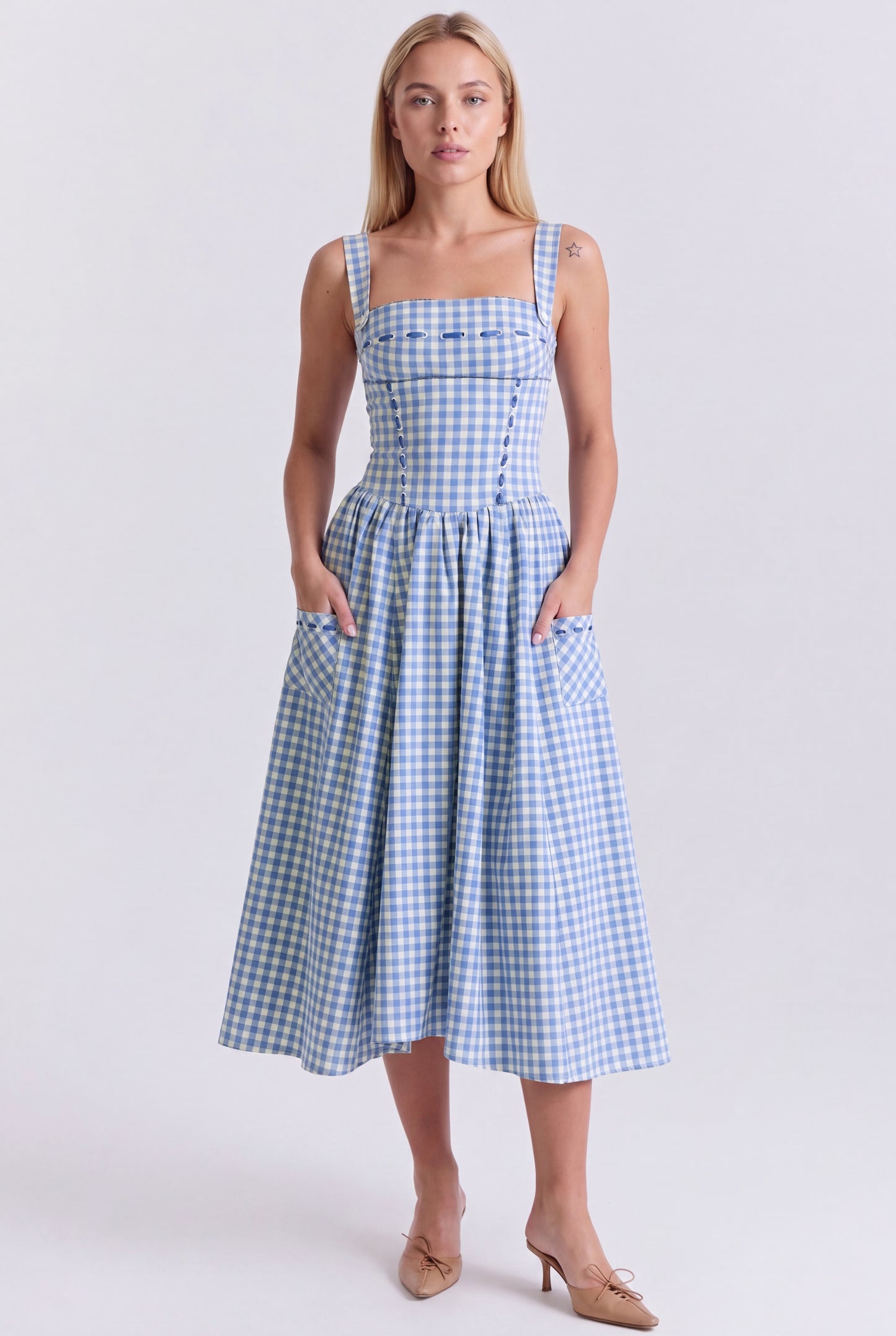 Midi Jurk | Blauw Gingham Print | Vierkante Hals en Empire Taille