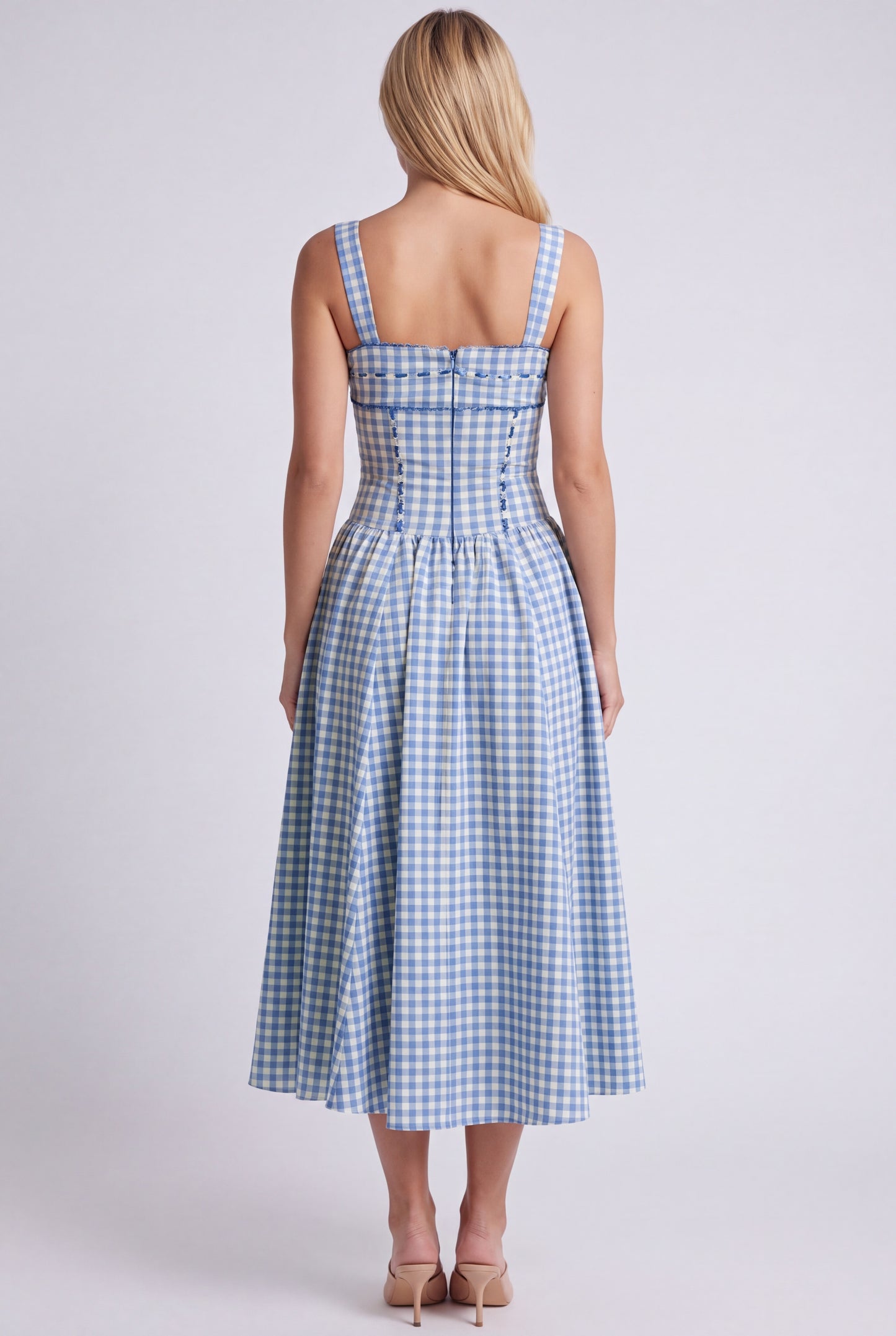 Midi Jurk | Blauw Gingham Print | Vierkante Hals en Empire Taille