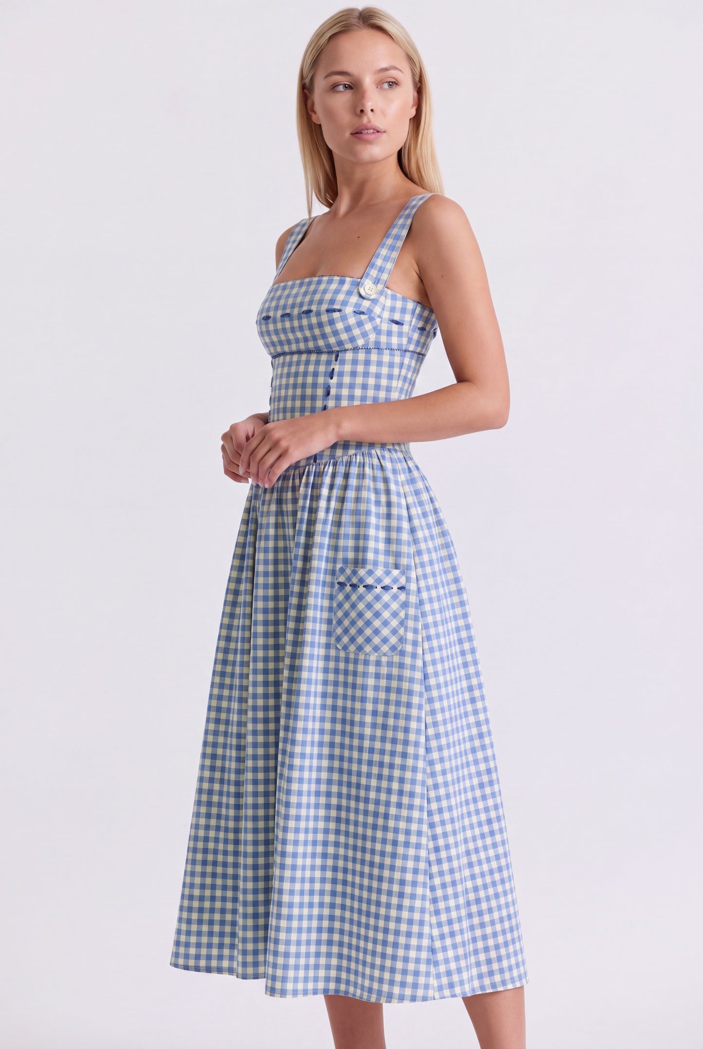 Midi Jurk | Blauw Gingham Print | Vierkante Hals en Empire Taille