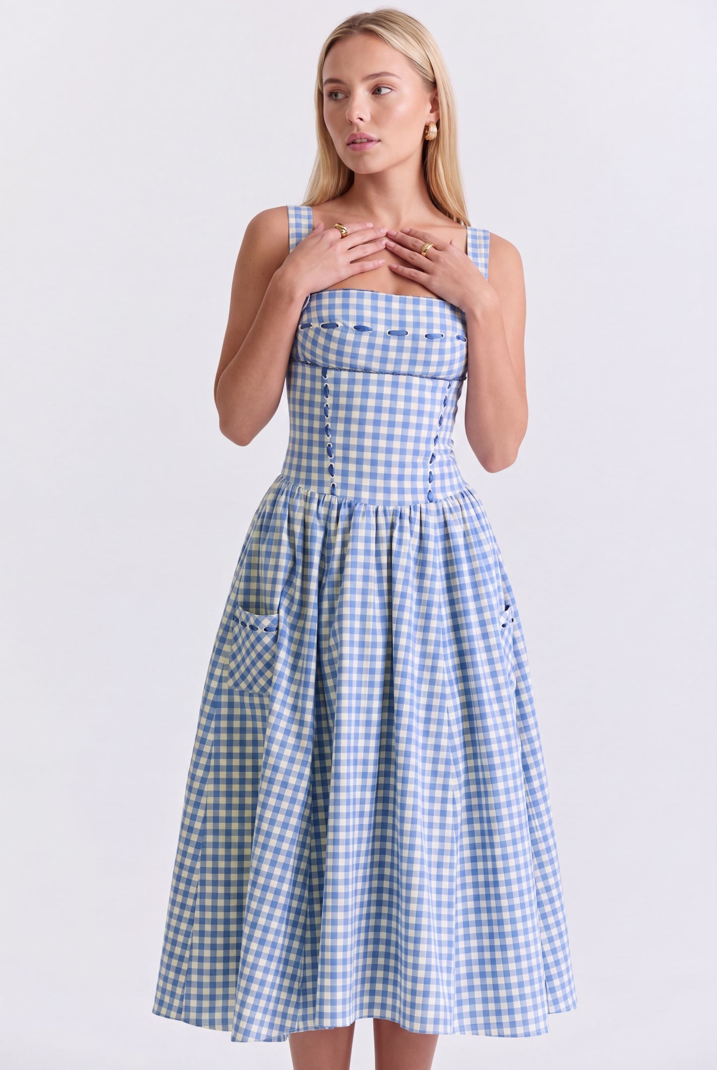 Midi Jurk | Blauw Gingham Print | Vierkante Hals en Empire Taille