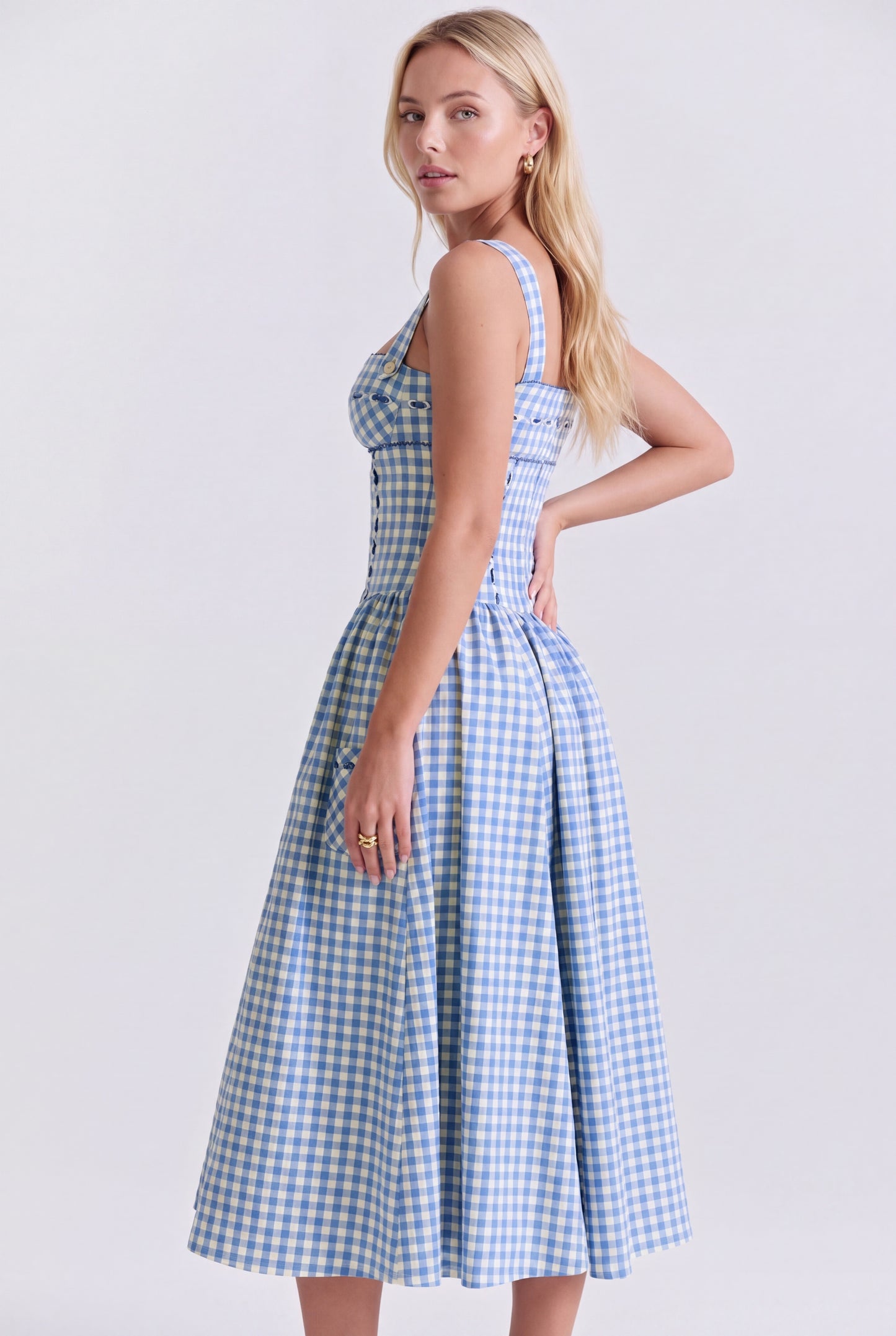 Midi Jurk | Blauw Gingham Print | Vierkante Hals en Empire Taille
