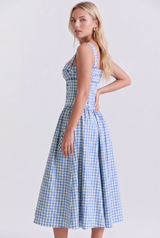 Midi Dress | Blue Gingham Print | Square Neckline and Empire Waist