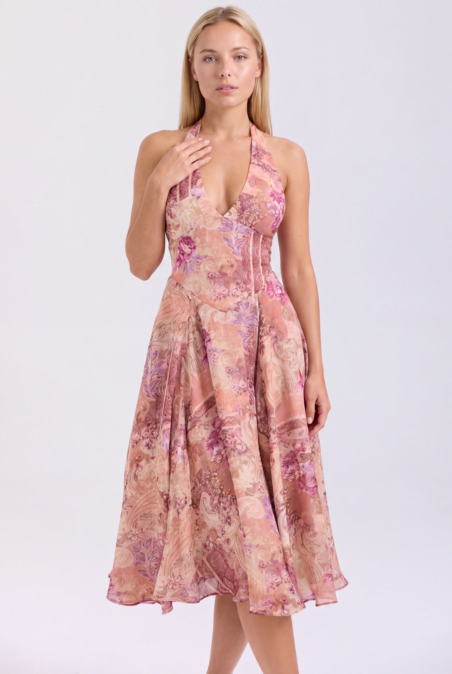 Women's Halter Midi Dress | Deep V-neck | Paisley Floral Print | Open Back with Tie Band