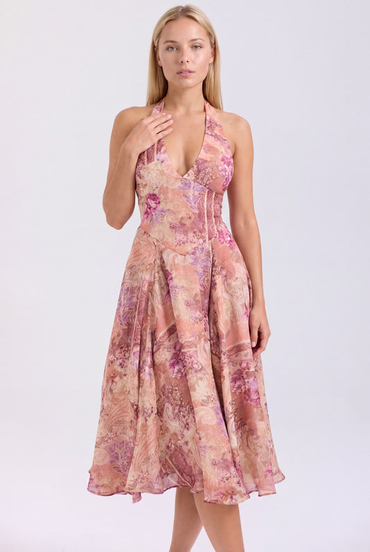 ames Halter Midi Jurk | Diepe V-hals | Paisley Bloemenprint | Open Rug met Strikband