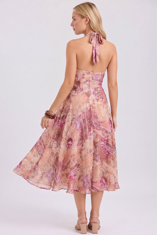 ames Halter Midi Jurk | Diepe V-hals | Paisley Bloemenprint | Open Rug met Strikband