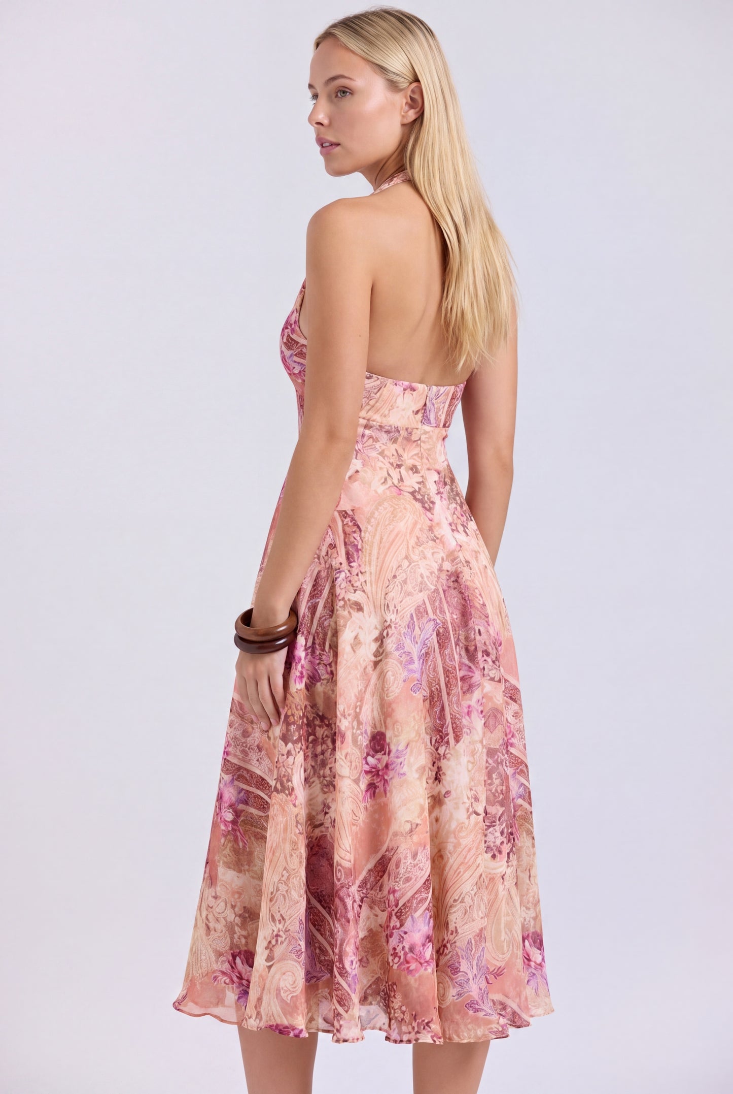 Women's Halter Midi Dress | Deep V-neck | Paisley Floral Print | Open Back with Tie Band