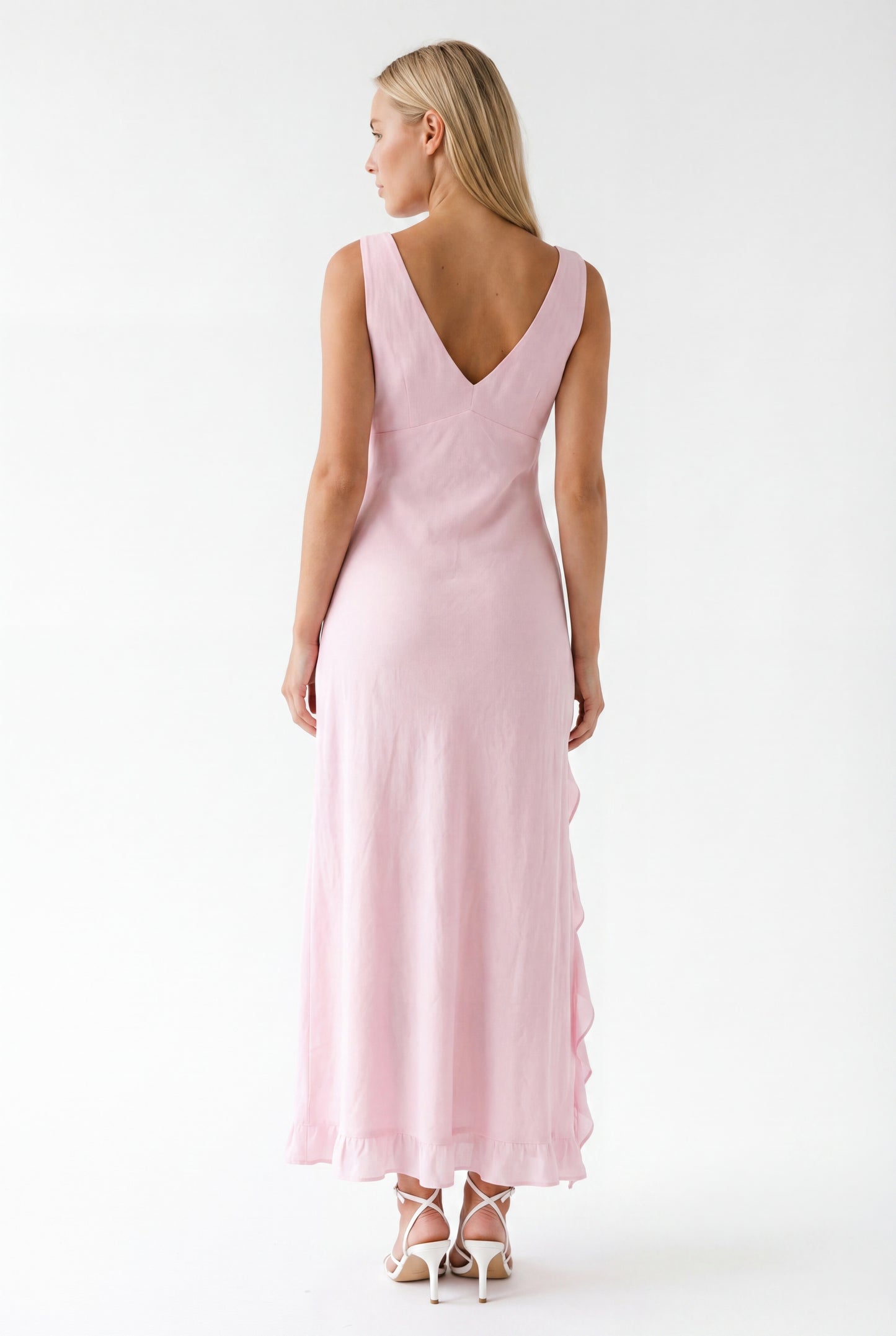 Sandra Maxi Dress | Deep Neckline with Ruffle Hem and Lined Material