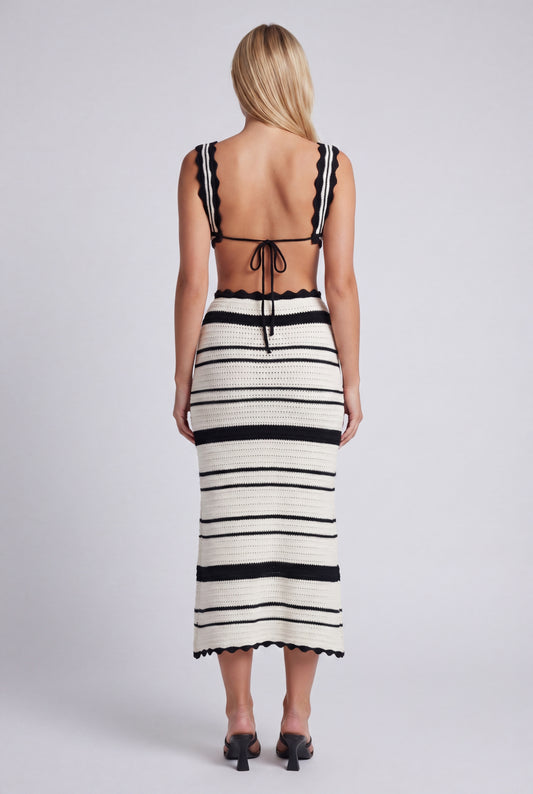 Chloé Women's Co-ord Set | Crocheted Bralette Top | Striped Midi Skirt | Black and White | Scallop Edge