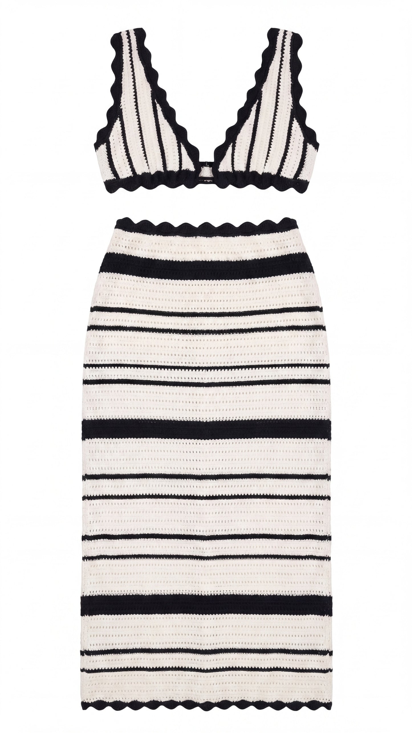 Chloé Dames Co-ord Set | Gehaakte Bralette Top | Gestreepte Midi Rok | Zwart-Wit | Scallop Rand