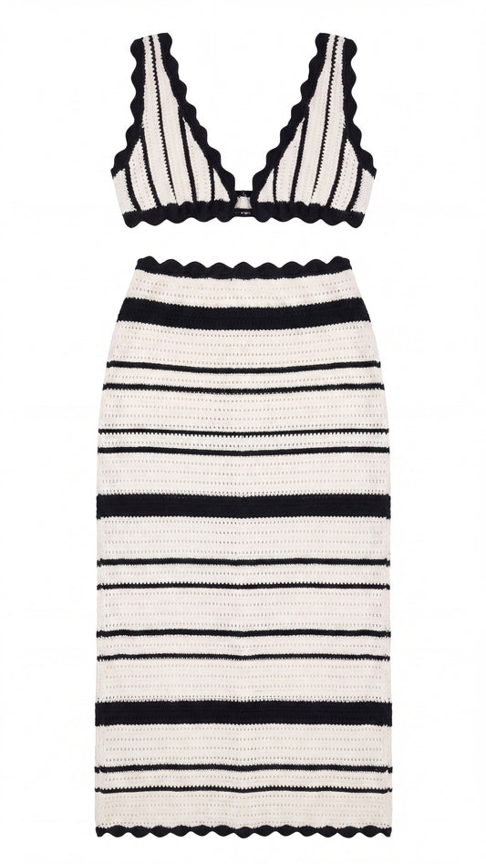 Chloé Women's Co-ord Set | Crocheted Bralette Top | Striped Midi Skirt | Black and White | Scallop Edge