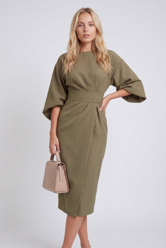 Jurk | Dames | Midi Wikkeljurk | Kimono Mouwen | Tailleceintuur | Split Detail
