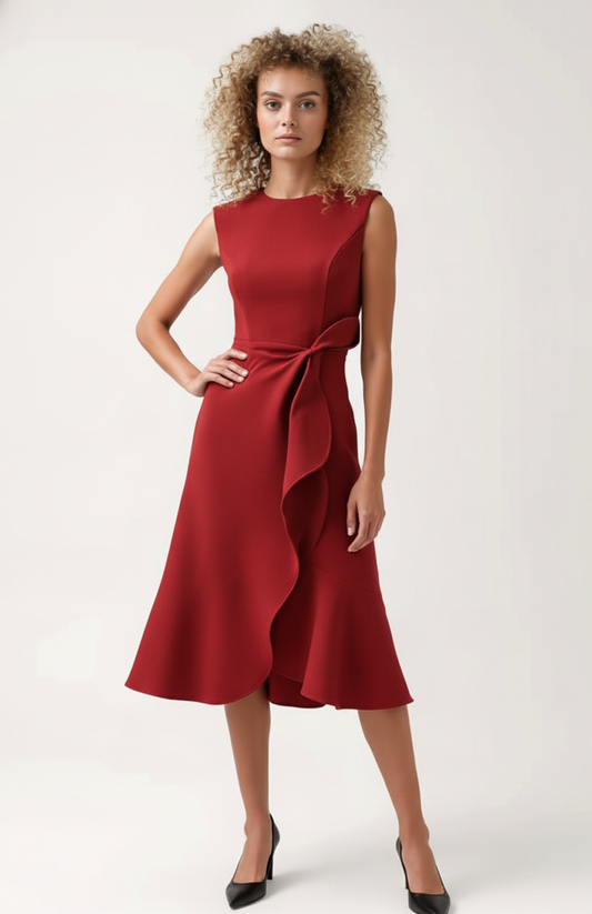 Zarina Dames Midi Jurk | Mouwloos | Asymmetrische Ruffle Afwerking