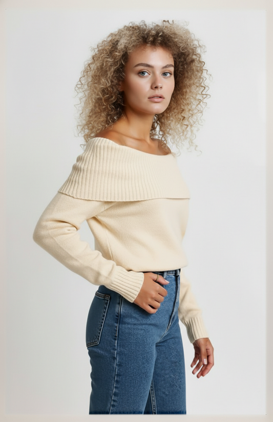 Idalia Dames Off-Shoulder Trui | Brede Schouderkraag | Zachte Gebreide Textuur