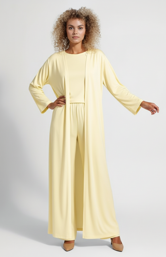 Dames Lounge Set | Lange Open Cardigan + Top + Wijde Broek | Soepelvallende Pasvorm