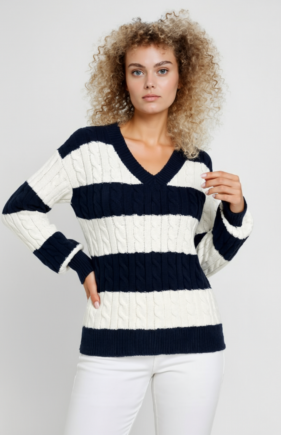 Greta Trui | V-Hals | Kabelpatroon | Brede Strepen | Zacht Comfort