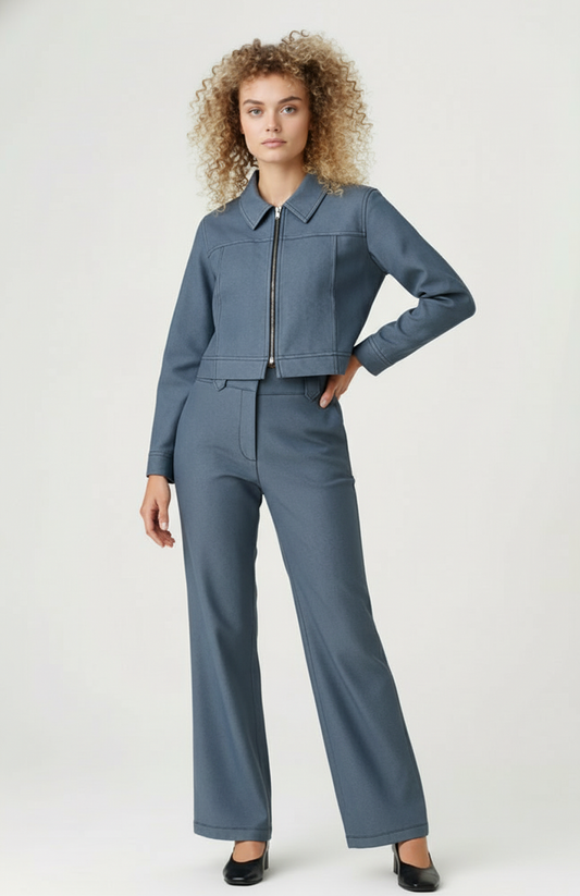 Dames Co-Ord Set | Cropped Jacket met Rits | Rechte Broek | Minimalistische Look
