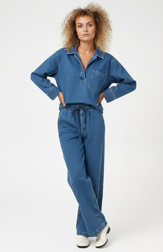 Dames Denim Set | Blouse met Kraag & Wijde Broek | Trekkoord Taille
