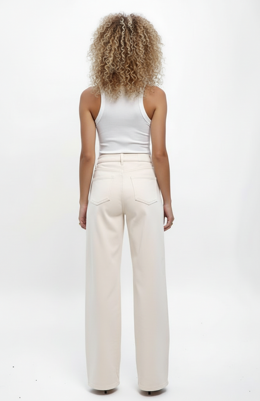 Dames Broek | Wide Leg | Hoge Taille | Crèmekleur | Stevige Stretchstof