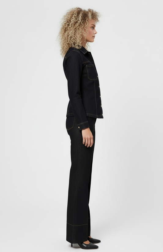 Dames Denim Co-Ord Set | Getailleerde Jas & Rechte Broek | Donkere Wassing | Tweedelig