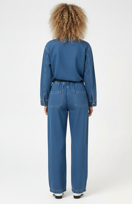 Dames Denim Set | Blouse met Kraag & Wijde Broek | Trekkoord Taille