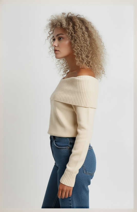 Idalia Dames Off-Shoulder Trui | Brede Schouderkraag | Zachte Gebreide Textuur