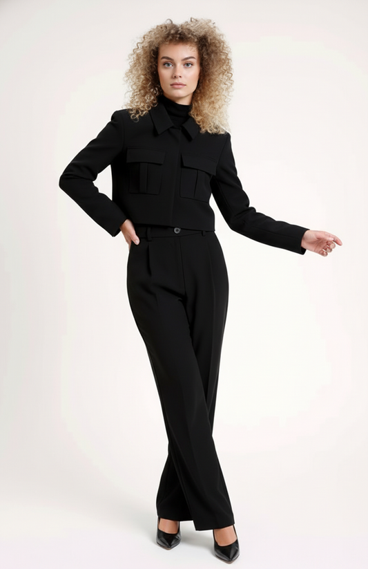 Dames Tailored Set | Cropped Jacket & Straight Leg Broek | Elegante Zwarte Look