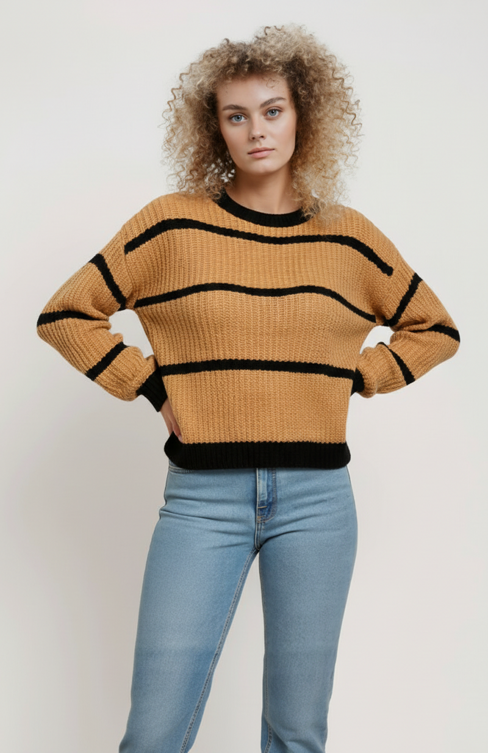 Dames Gebreide Sweater | Gestreept Design | Camel/Zwart