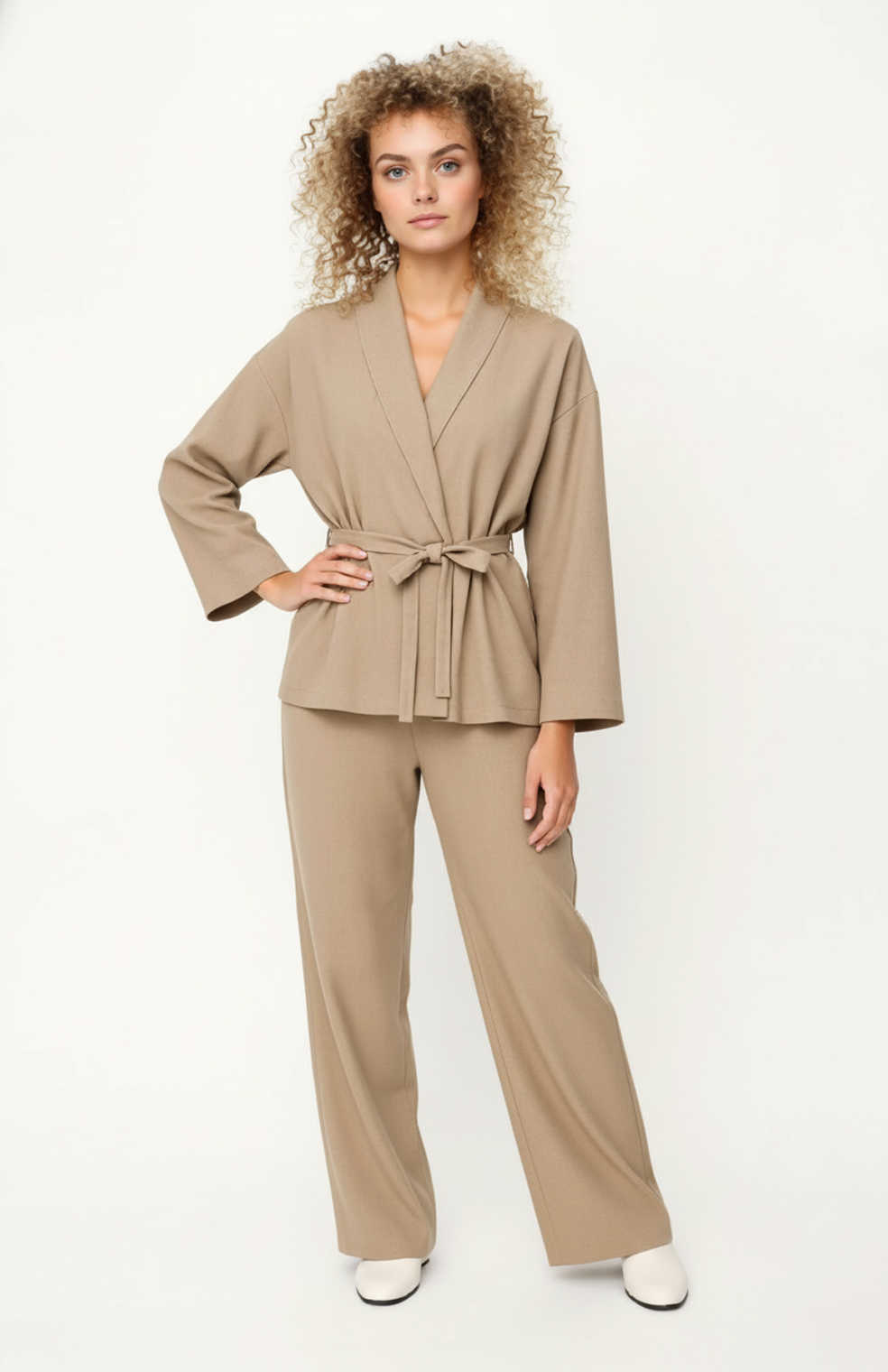 Dames Co-Ord Set | Kimono Top met Ceintuur | Wijde Pantalon | Elegante Relaxed Fit in Beige