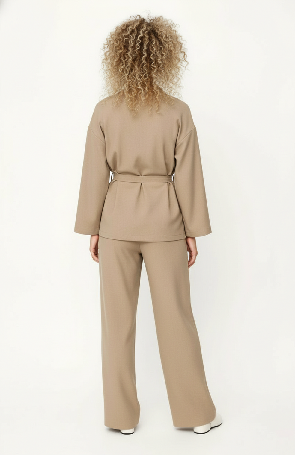 Dames Co-Ord Set | Kimono Top met Ceintuur | Wijde Pantalon | Elegante Relaxed Fit in Beige