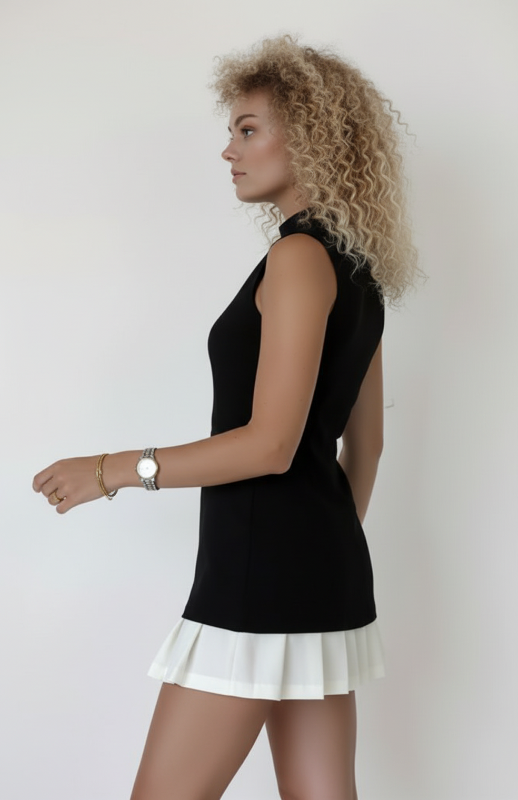 Zinnia Mouwloze Jurk – Tweekleurig Ontwerp met Strak Silhouet