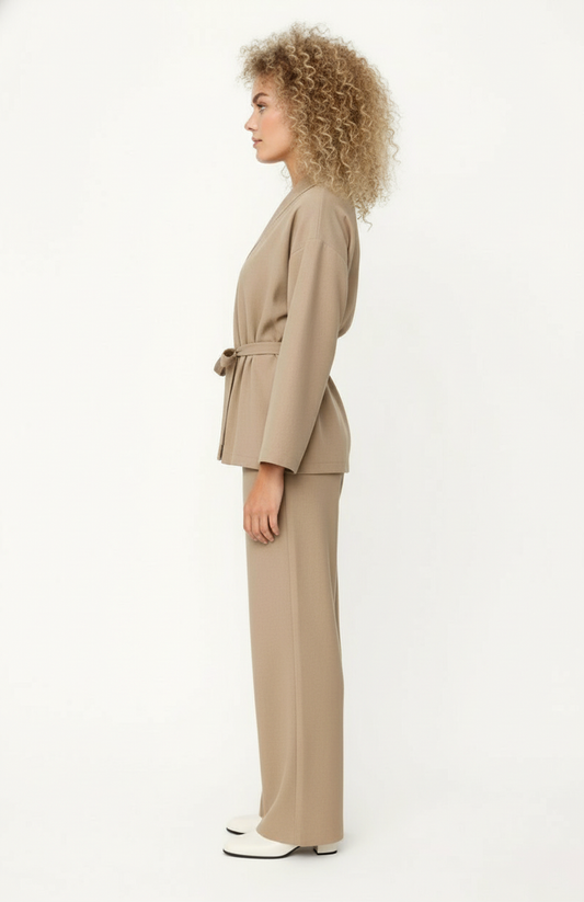 Dames Co-Ord Set | Kimono Top met Ceintuur | Wijde Pantalon | Elegante Relaxed Fit in Beige