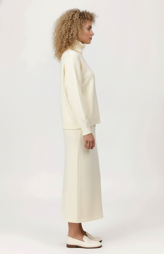 Dames Gebreide Set | Trui met Col & Midi-Rok | Zachte Gebreide Textuur