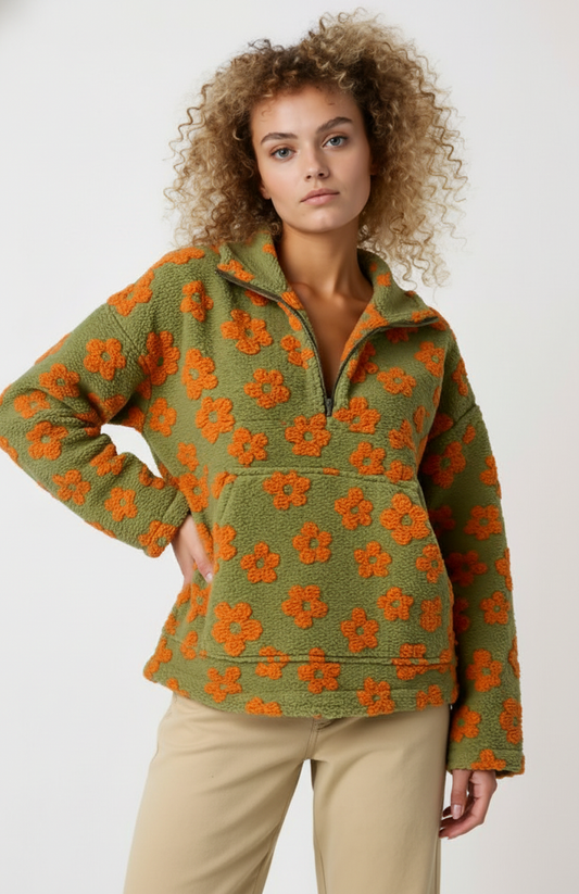 Dames Trui | Halve Rits | Bloemenmotief