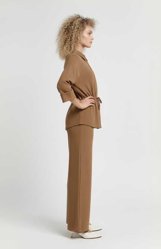 Dames Co-Ord Set | Blouse met Taillekoord & Wijde Broek | Caramel | Comfort Fit