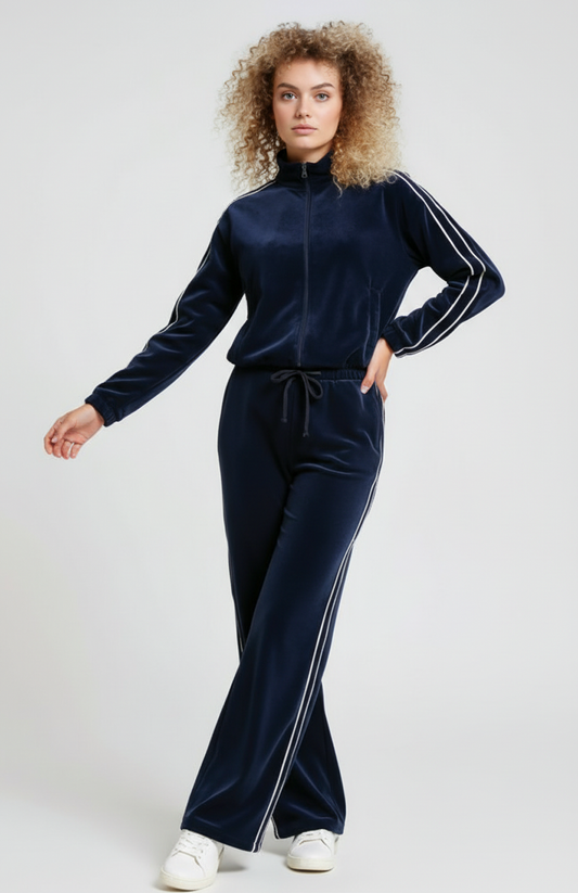 Dames Trainingspak | Velours Look | Ritsshirt & Wijde Broek | Sporty Chic