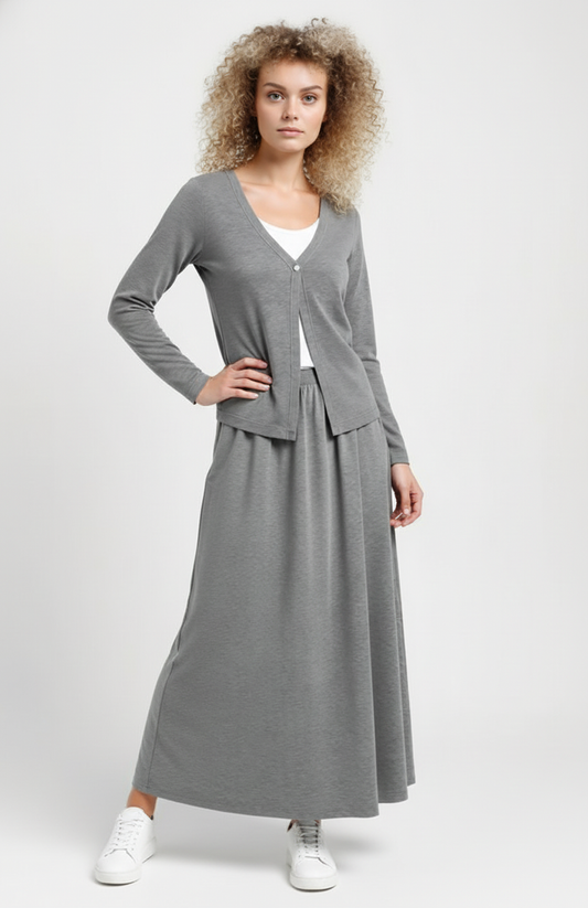 Dames 2-Delige Co-Ord Set | Cardigan & Maxi Rok | Zachte Stretchstof | Grijs