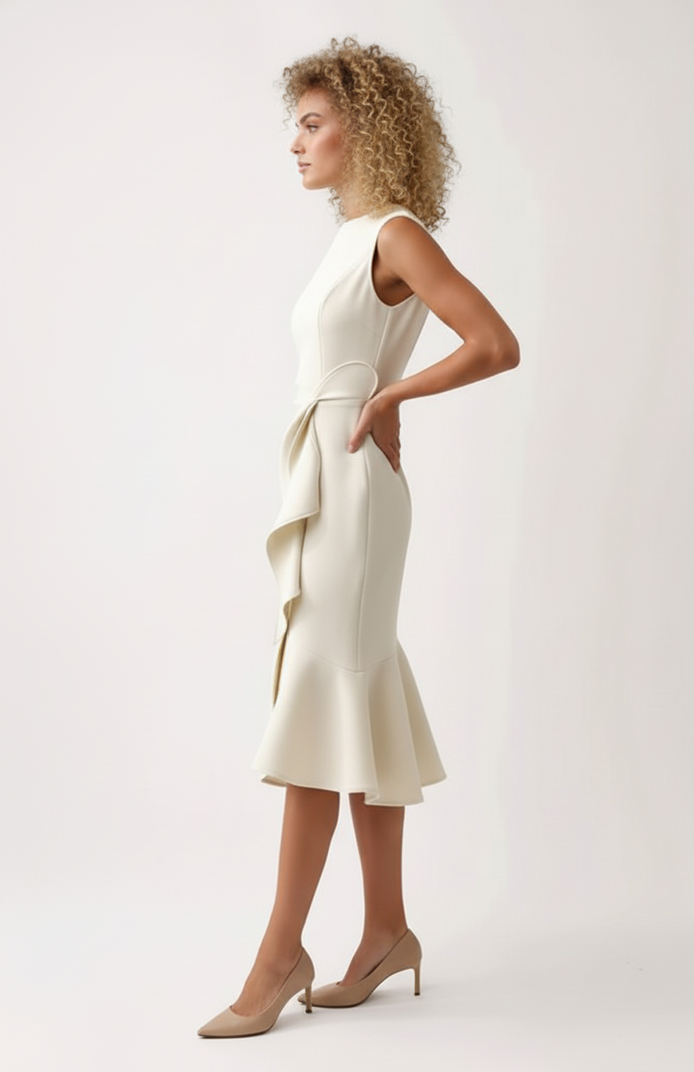 Zarina Dames Midi Jurk | Mouwloos | Asymmetrische Ruffle Afwerking