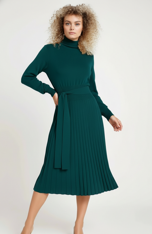 Ginevra Dames Gebreide Jurk | Lange Mouwen | Plissé Rok | Tailleceintuur