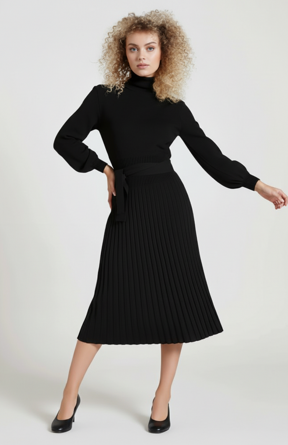 Ginevra Dames Gebreide Jurk | Lange Mouwen | Plissé Rok | Tailleceintuur