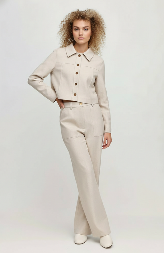 Dames Co-Ord Set | Cropped Jacket met Knoopsluiting | Rechte Broek | Minimalistische Look