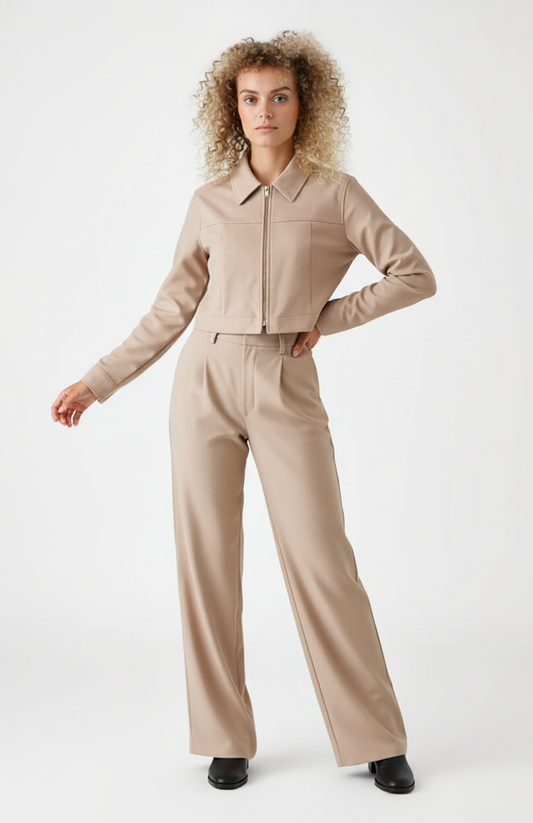 Tindral Tweedelige Set | Kort Jack Met Ritssluiting | High-Waist Broek Met Wijde Pijpen